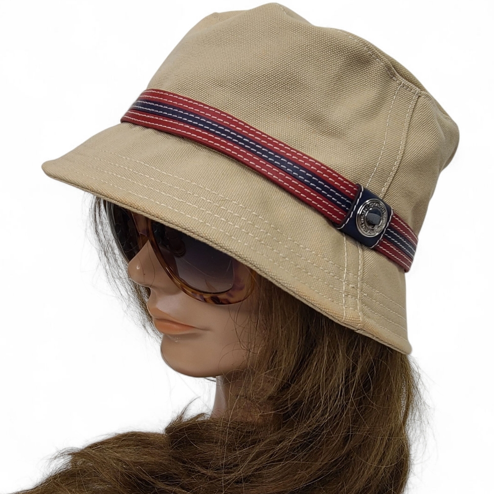 COACH Vintage Twill Bucket Hat Tan with Red/Blue Leather band Size M/L - Picture 1 of 9